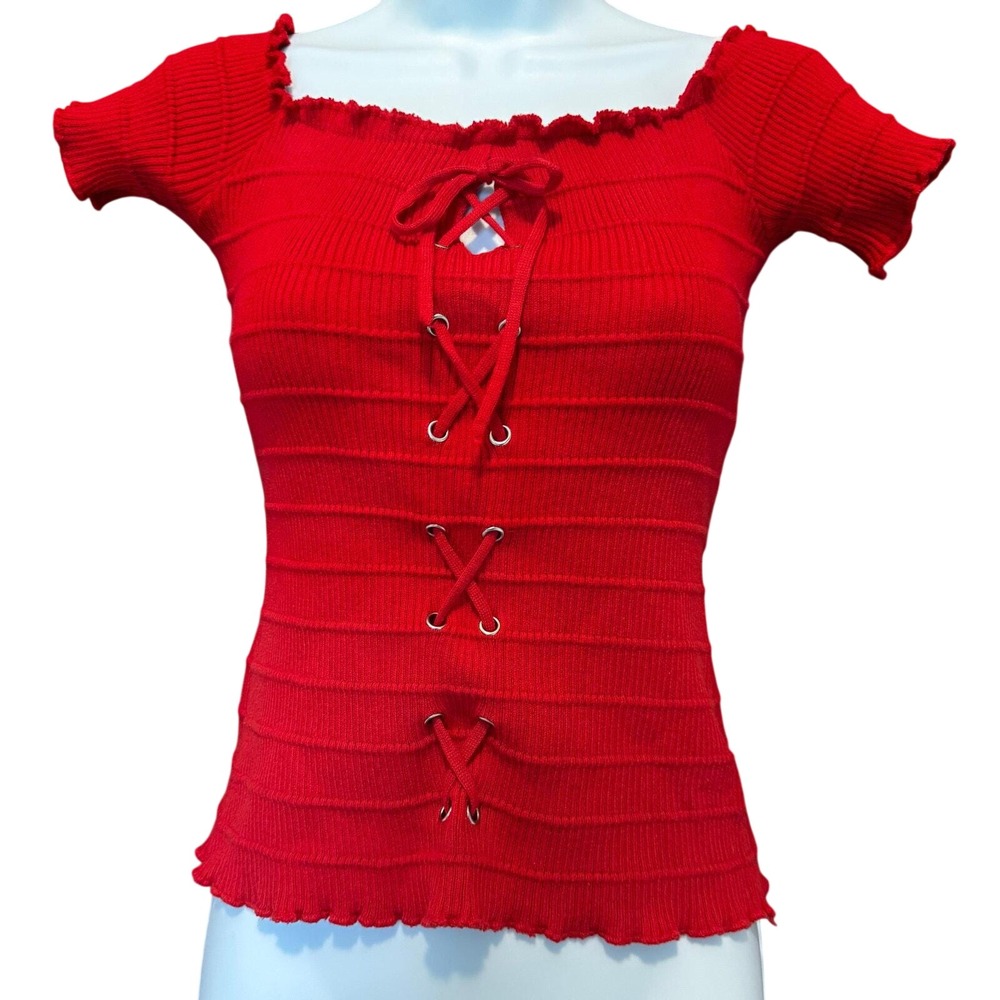 Y2K Lace Up Ribbed Babydoll Top Large Red Lettuce Trim Indie Romantic Goth 90s